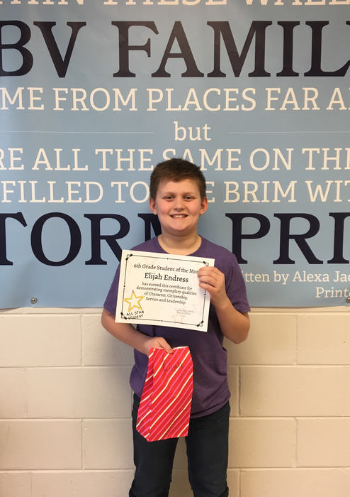 6th Grade Student indent of the Month!